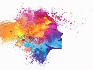 Colorful illustration of happy woman head in paint splatter style.