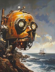 Steampunk submarine observing sailing ship - A steampunk-style submarine observing an old sailing ship from the rocky coastline depicted in an artistic painting