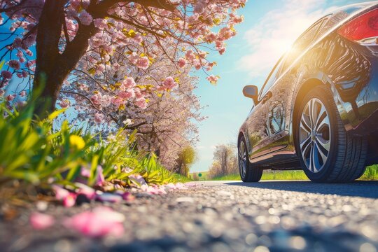 summer car tires in the blooming spring in the sun, time for summer tires