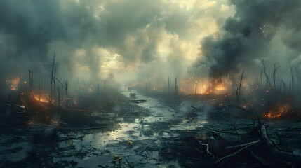 haunting aftermath of battle, where smoke still lingers in the air and the ground is littered with remnants of warfare. Every shell casing and shattered piece of debris bears - obrazy, fototapety, plakaty