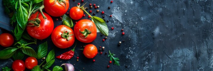 Tomatoes and basil on a dark textured background - Ripe tomatoes with vibrant green basil spread across a dark, textured surface with scattered spices