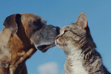 Happy Dog and Cat on blue background, animals love each other