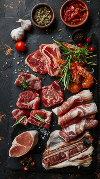 Top view of assorted raw meat cuts - An array of high-quality raw meats including ribeye, sirloin, and bacon artfully arranged with herbs and spices