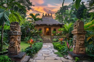 Fototapeta na wymiar Tropical hut with totem sculptures at dusk - Lush garden frames a thatched-roof tropical hut with intricate totem sculptures and a welcoming entrance path at dusk
