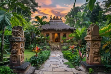 Foto op Canvas Tropical hut with totem sculptures at dusk - Lush garden frames a thatched-roof tropical hut with intricate totem sculptures and a welcoming entrance path at dusk © Tida
