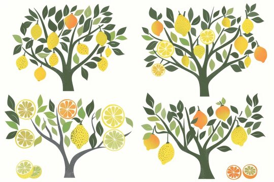Vector illustrations of lemon and orange trees, pared down to essential shapes and colors, symbolizing Mediterranean orchards