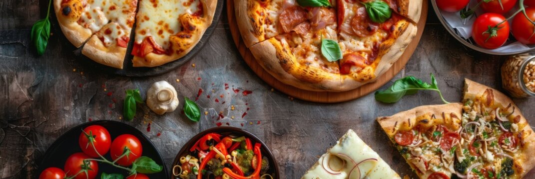 Variety of pizzas on rustic tabletops - An array of mouth-watering pizzas with diverse toppings laid out on wooden surfaces, perfect for food lovers and gatherings