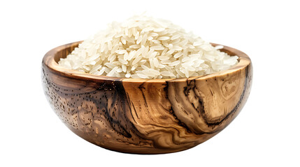 Uncooked rice grains placed in a wooden bowl, isolated against a white background.






