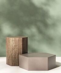 Two brown hexagon podium table podium in dappled sunlight, leaf foliage shadow on green wall, white...