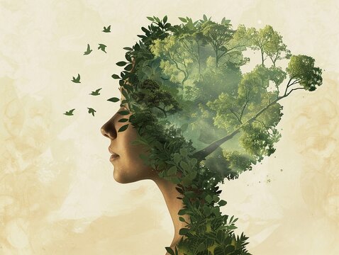 Human profile with nature mental health earth day