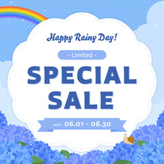 梅雨時期の広告テンプレート／虹のかかった青空と満開のアジサイ（正方形）