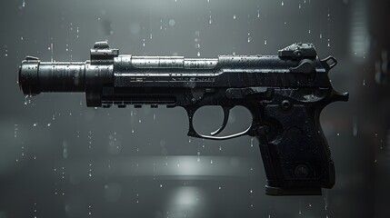 silent lethality of a specialized silenced pistol, its compact frame and integrated suppressor perfect for covert operations. Every shot fired is a whisper in the darkness - obrazy, fototapety, plakaty