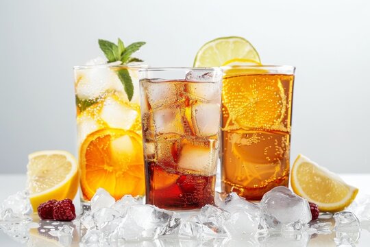 Fresh iced tea refreshments with citrus twist - High-quality image of sparkling iced tea in glasses, complemented by fresh citrus fruits and a crisp white background