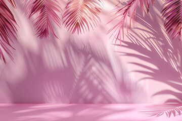Pink 3D studio background with tropical leaves and shadow for product presentation. Empty background with shadows of palm leaves. 3d room with copy space