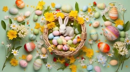 Easter-themed flat lay with pastel-colored eggs, a bunny figurine, spring flowers, a basket of candies