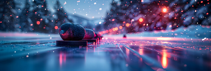  The Graceful Dance of Curling on the Ice with St,
Snowy road in winter blurred background