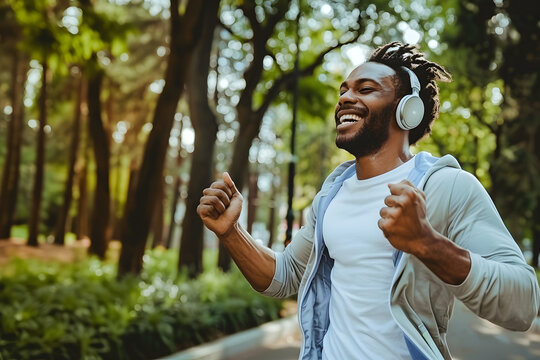 guy jogging in the park, healthy lifestyle concept, joyful man jogging in headphones