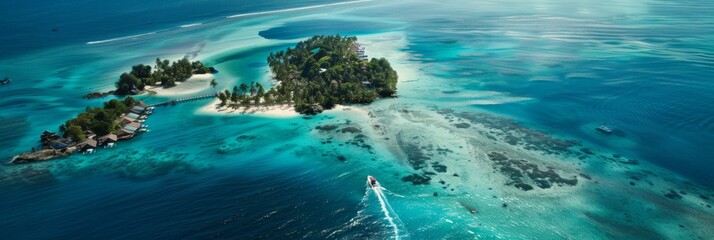 Naklejka na ściany i meble Aerial view of a tropical paradise island - A stunning high-angle shot of a breathtaking tropical island surrounded by clear blue waters and a boat leaving a wake, depicting luxury and escape