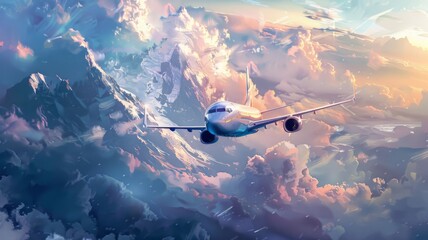 Fototapeta premium Airplane flying above the clouds at sunset - A commercial airplane soars high amongst golden sunset cloudscape, highlighting travel themes