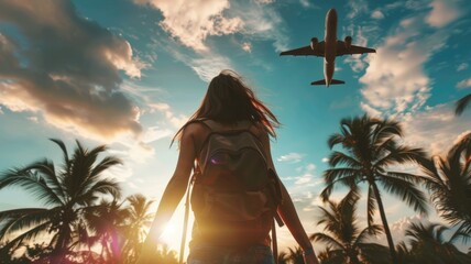 Backpacker watching sunset and airplane - A young traveler intently observes a sunset and approaching airplane, signifying wanderlust and anticipation - obrazy, fototapety, plakaty