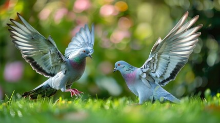 Two pigeons engaged in a playful chase on a grassy patch their wings spread wide against the backdrop of skyscrapers.