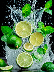 Fresh limes and mint in water splashes against dark black background