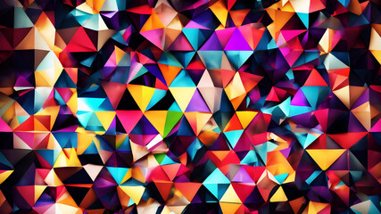 Construct an abstract background featuring a kaleidoscopic arrangement of colorful triangles