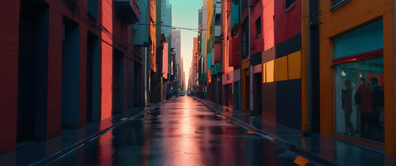 After a rain shower, a deserted street is slick with reflections from the colorful buildings and setting sun, creating a mood of quiet isolation - obrazy, fototapety, plakaty