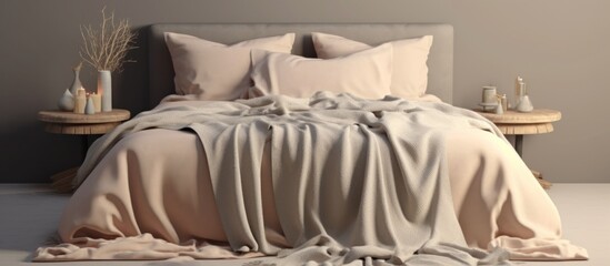 Messy white sheets on bed in minimalist home style bedroom interior, with decorative lights