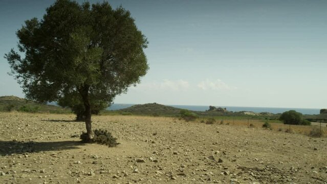 Panoramic landscape view of the italian hilly countryside, in Sardinia with the sea in the horizon
