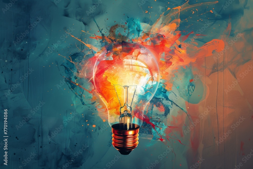 Poster colorful paint splattered light bulb concept - dynamic image of a light bulb with an explosion of co