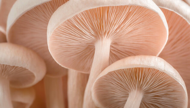 Closeup macro texture of underside of mushrooms, pastel pink beige background
