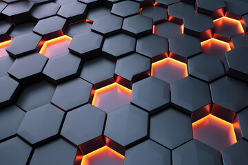abstract geometric background in the form of 3d dark hexagons and lights, futuristic hexagons with neon orange light with glowing dots