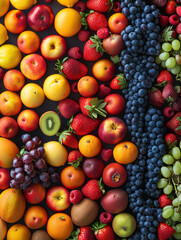 Capture the essence of freshness and vitality with an aerial view of a colorful array of ripe fruits, arranged in an eye-catching pattern Show how the vibrant colors and textures pop against a clean
