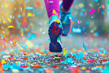close up foot colorful running marathon achievement, vibrant colors, close-up view. - obrazy, fototapety, plakaty