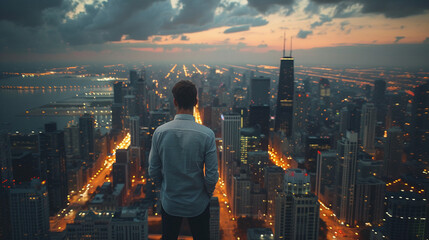 lonely man vision  a high vantage point, dream realized, dusk light, wide angle view. - obrazy, fototapety, plakaty