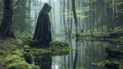 A hooded figure stands at the edge of a mossy pond face hidden as they seem to commune with the spirits of the forest. . .