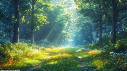 Sun rays in forest. Created with Ai