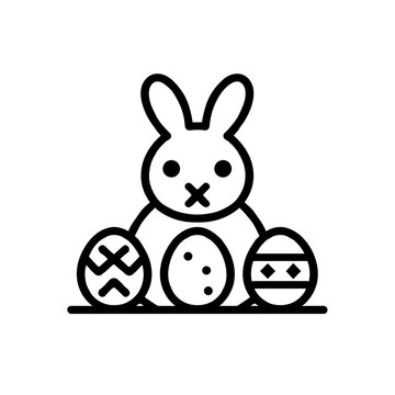 Easter Bunny with Decorated Eggs Icon, Black Line Art, Spring Celebration Symbol