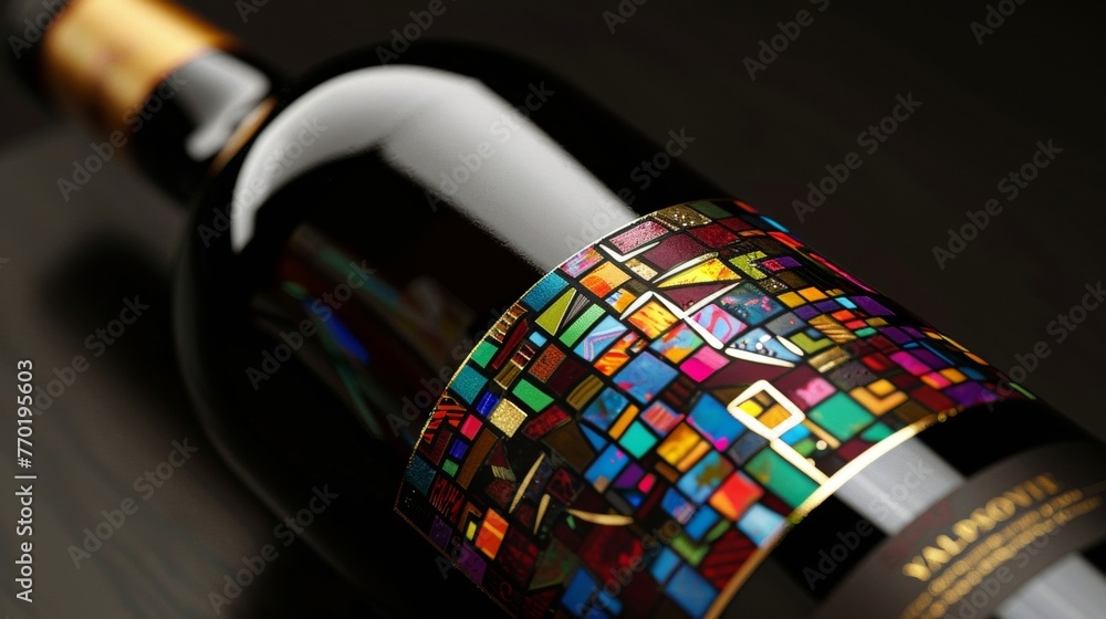 Poster a bold wine bottle with a label showcasing a colorful mosaic pattern and a unique font in metallic g