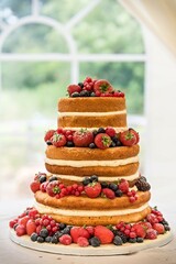 Naked wedding tiered wedding cake decorated with fresh fruit and cream filling