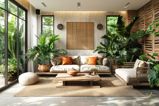 A cozy living room with wooden accents and large windows showcasing the lush greenery outside. Comfortable seating is arranged around an elegant coffee table. Created with Ai