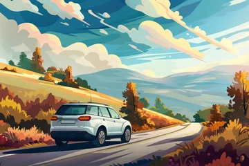 Poster A family car with advanced safety features, highlighted in a scenario of a joyful road trip through scenic landscapes © Expert Mind