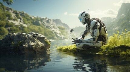 a futuristic robot engaged in a peaceful interaction with nature - obrazy, fototapety, plakaty