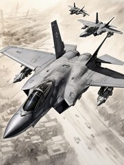 A drawing of a team testing a next-generation fighter jet, focusing on speed, agility, and advanced weaponry for aerial superiority