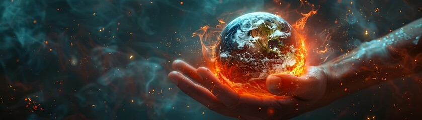 A striking 3D image of a human hand holding the Earth, with fires raging over forests and ice melting rapidly, showcasing the devastating effects of climate change - obrazy, fototapety, plakaty