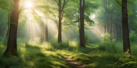 Softly focused verdant trees with wild undergrowth and sunbeams threading through, crafting a peaceful summer forest scene, generative AI - obrazy, fototapety, plakaty