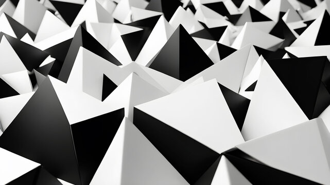 Craft a minimalist abstract background using only black and white triangles in various sizes