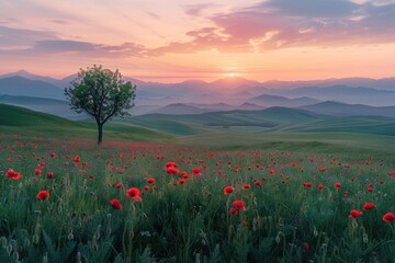 an endless green grassland in spring with red poppies blooming on it and mountains in the distance with a big tree standing in between the big grassy field during sunset in the evening - Powered by Adobe