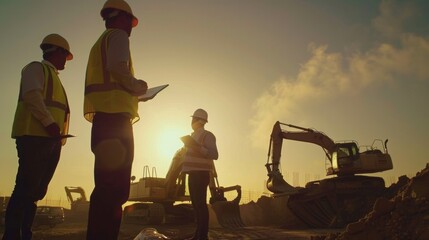 Construction workers with clipboard at sunrise, excavator in background.